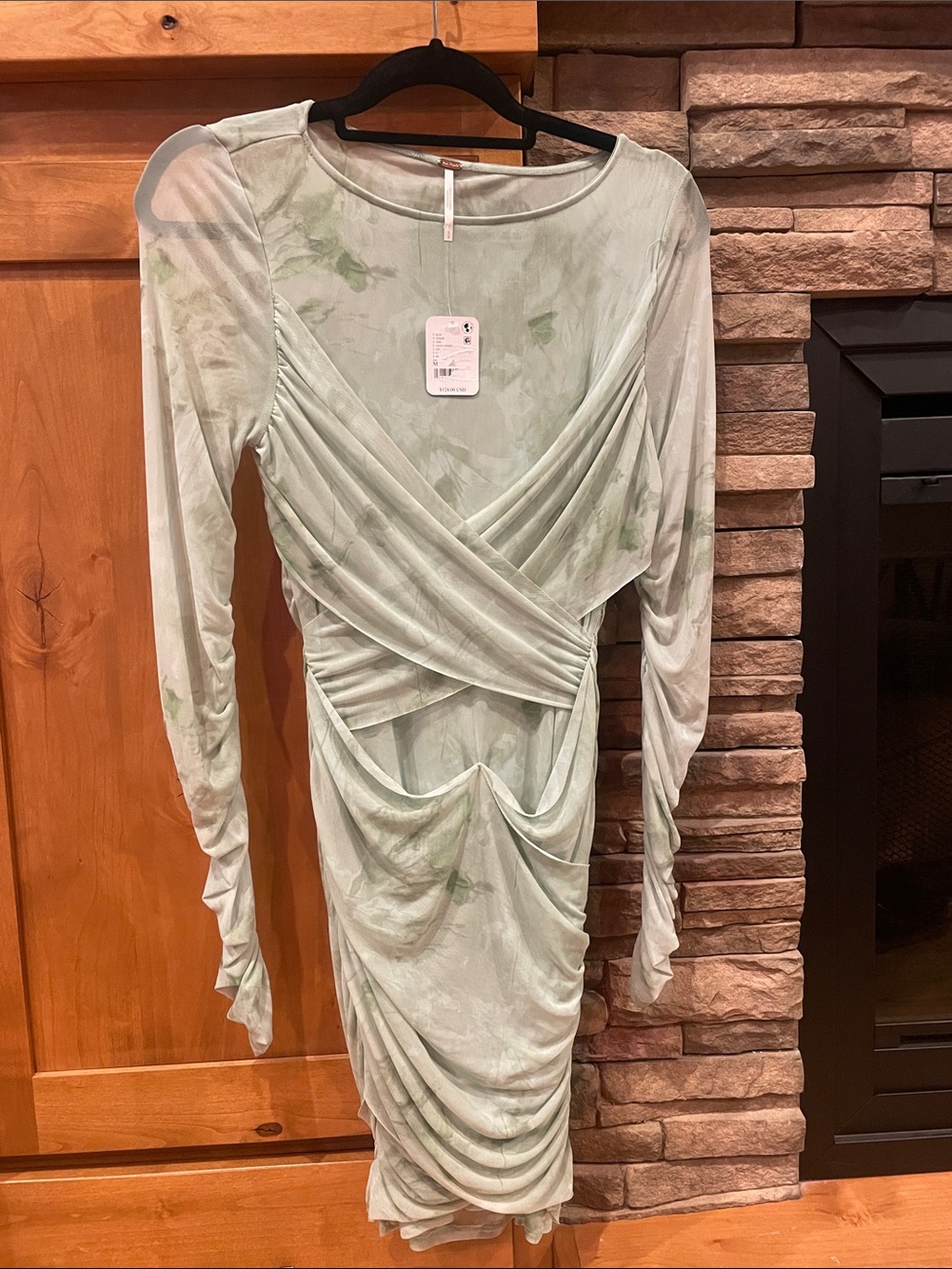 Free People Sage Green Ruched Wrap-Style Long Sleeve Dress